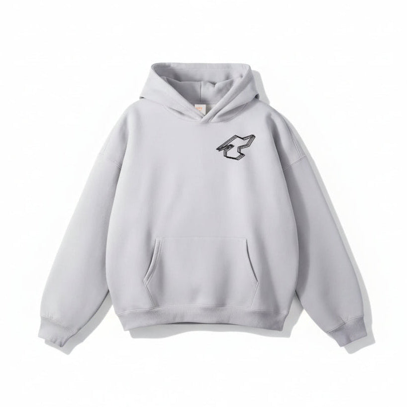 Gray hoodie with a logo on a white background