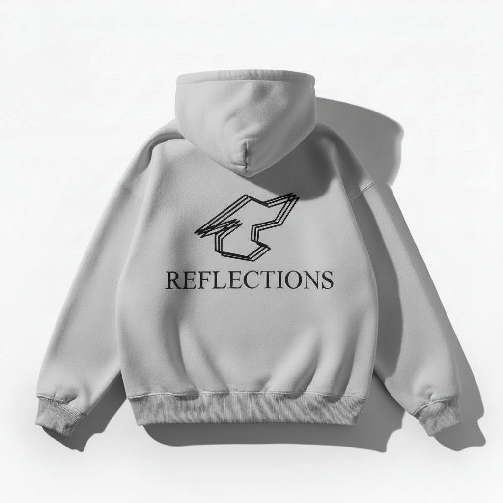 Grey hoodie with 'REFLECTIONS' logo on a white background