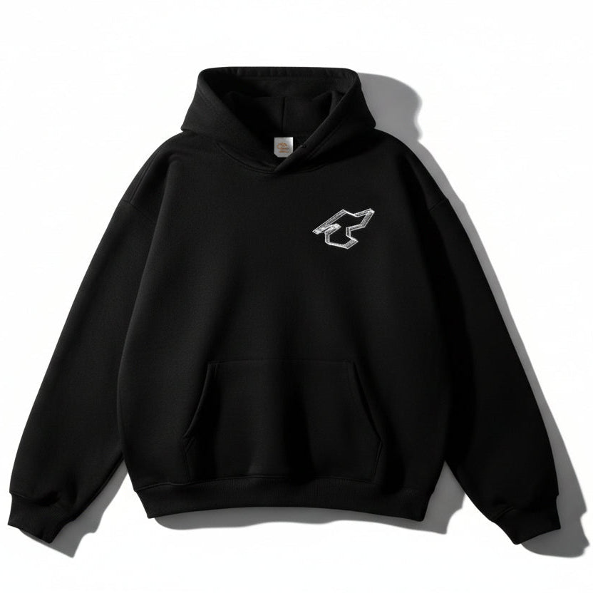Black hoodie with a logo on a white background