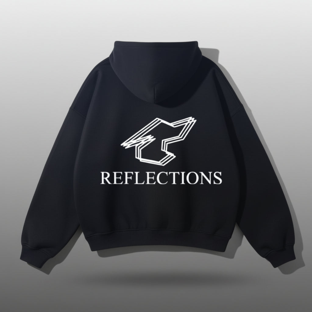 Black hoodie with 'REFLECTIONS' logo on a gray background